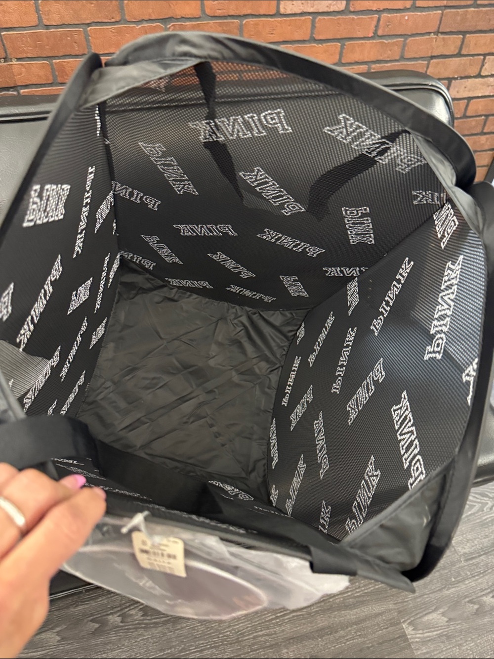 PINK Victoria's Secret Black Mesh Tote with White Logo Print - Picture 4 of 5